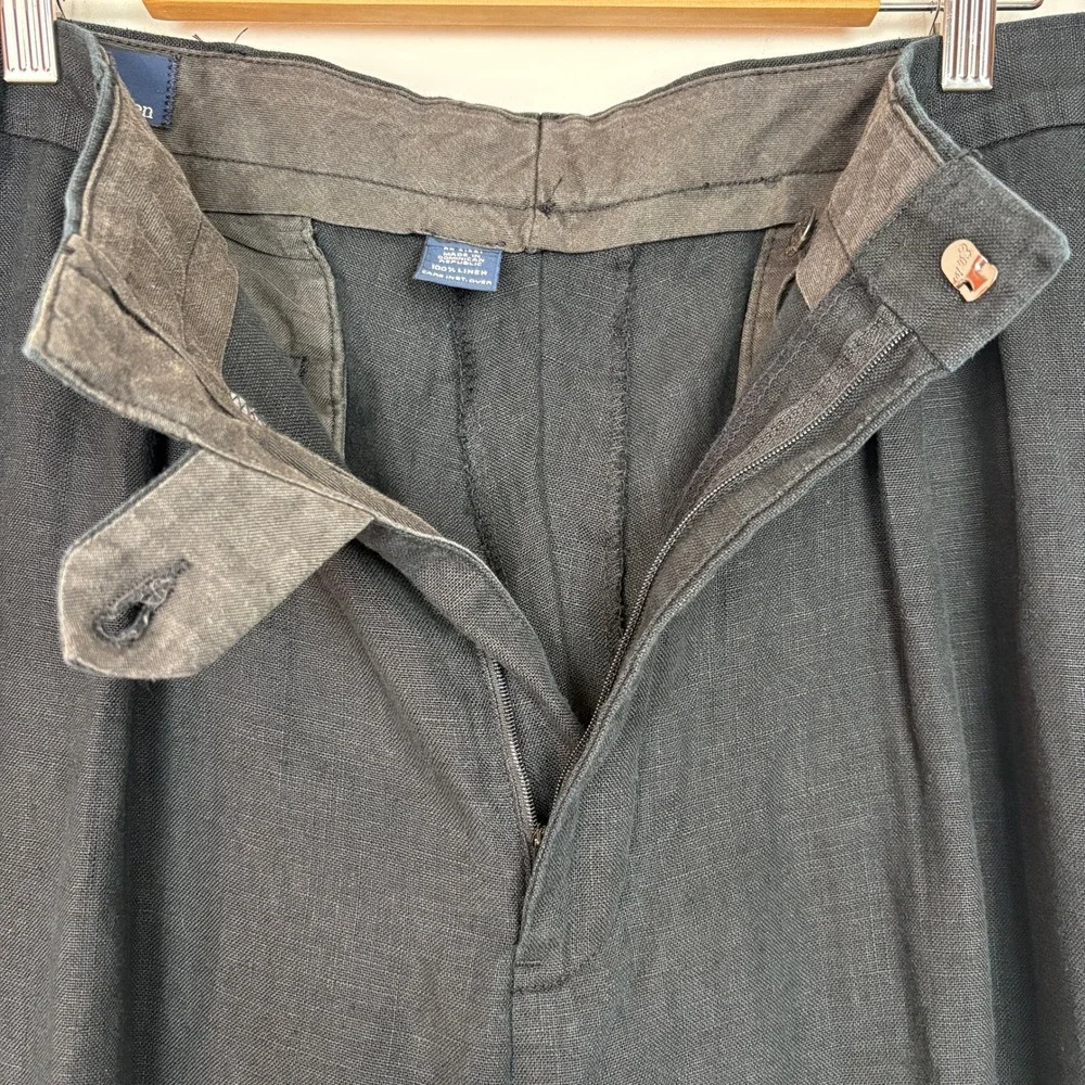 Polo Ralph Lauren Mens Linen Pants 36x32 Black Pleated Cuffed Trousers Vintage